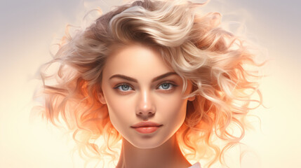 Fototapeta premium A woman with blonde hair and blue eyes is shown with a light blue background. Concept of beauty and confidence, as the woman's hair is styled in a way that accentuates her features