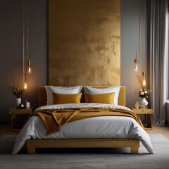 Interior of bedroom with gold touch 