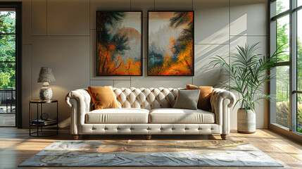 A living room with a white couch and two paintings on the wall. The couch is positioned in front of a window, and there is a potted plant nearby. The room has a cozy and inviting atmosphere