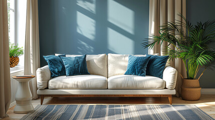 A white couch with blue pillows sits in a room with a blue wall. A potted plant sits on a table next to the couch