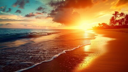 Landscape of paradise tropical island beach, sunrise shot 