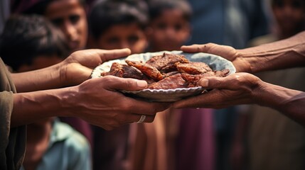 Hands of a person distributing Eid ul-Adha meat to orphanages - obrazy, fototapety, plakaty