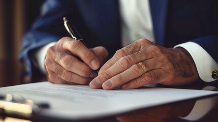 Hand businessman signing contract. Asia businessman check the correctness of work at the office with a beautiful pen. Hands working with documents at desk and signing contract.