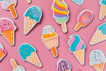 Colorful Ice Cream Stickers Collection on Pink Background for Crafting and Decorating Projects