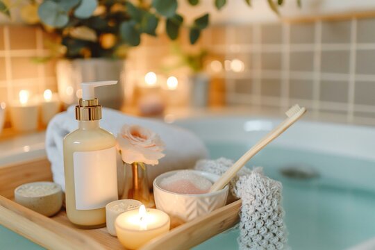 Luxury Bathroom Setting With Candles, Bath Salts and Spa Accessories for Relaxation