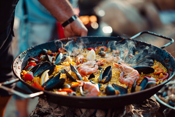 A large bowl of shrimp and rice is being served. The dish is full of shrimp and rice, and it looks delicious