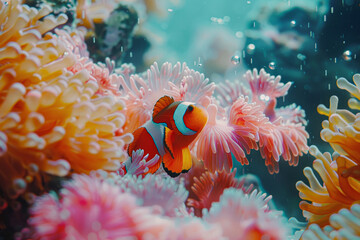 A small orange and white fish is swimming in a sea of pink flowers. The fish is surrounded by the flowers, which are of various sizes and colors