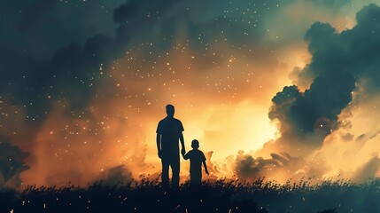 A picture of boy walks with his father on father's day - obrazy, fototapety, plakaty