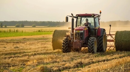 A dynamic shot of a farmer driving a tractor with a hay baler attachment, working in a hayfield. 