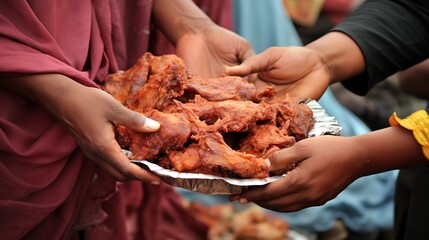 Hands of a person distributing Eid ul-Adha meat to orphanages - obrazy, fototapety, plakaty