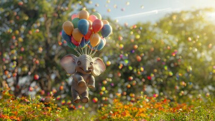 Lustiger Cartoons Elefant mit bunten Luftballons fliegt in der Luft als Geburtstagskarte und Druckvorlage, ai generativ