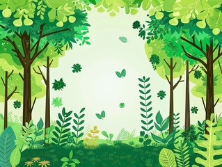 Peaceful illustration of a sunrise over a dense green forest with layers of foliage and blooming flowers..