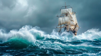 A vintage ship on the brink of sinking, battling massive waves in a fierce storm, a small patch of blue sky offering hope
