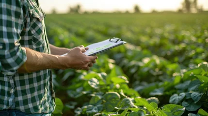 Foto auf Acrylglas A portrait of the farmer holding a clipboard and recording soybean growth data.  © Sim