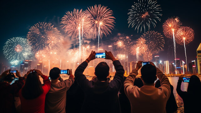 Long exposure image of people silhouettes watching fireworks show at night. Celebration ceremony.