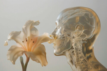 The harmony between the transparency of a flower and the opacity of a human form, super realistic