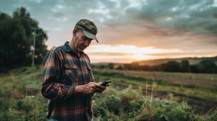 A portrait of the farmer checking weather forecasts on a smartphone before farm activities. - obrazy, fototapety, plakaty