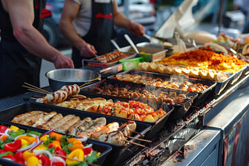 A man is cooking food on a grill. There are many different types of food, including vegetables and meat