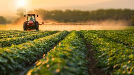 An action shot of the farmer spraying organic fertilizer on soybean crops. 