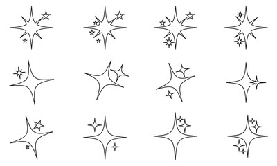 Minimalist twinkle star shape symbols. Shining star icons, abstract sparkle black silhouettes. Modern geometric elements, shining star icon set. Set of twinkling star vector on a white background. EPS