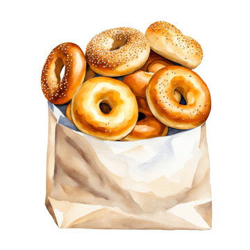 recommend clip art: Baked bagels in a paper bag, watercolor illustration, food, bakery, fast food, sweet, clipart, isolated, breakfast