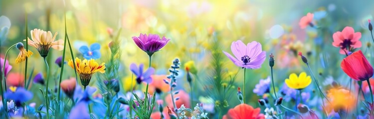 Colorful wildflowers in a meadow with a blurred background.