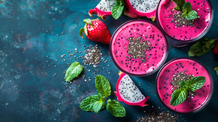 Obraz na płótnie Canvas A fresh dragon fruit smoothie with chia seeds, fresh mint leaves and pink dragon fruits on a dark blue background, top view.