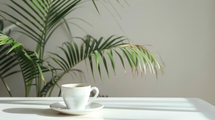 Isolated Cycad palm tree with coffee cup on light background Space for text