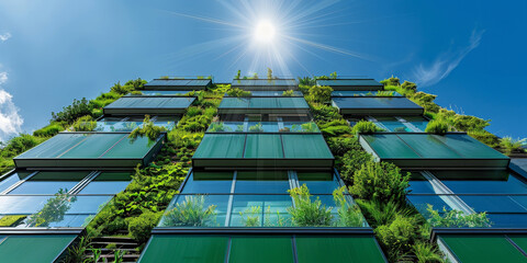 A sustainable building with green walls and solar panels, showcasing the concept of ecofriendly architecture in urban settings. green building, Office with green environment