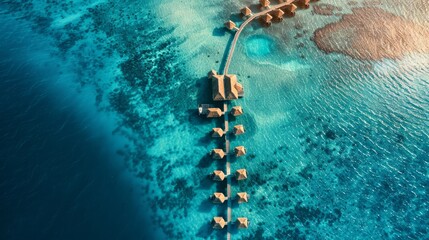 Maldives paradise scenery. Tropical aerial landscape, seascape with long jetty, water villas with amazing sea and lagoon beach, tropical nature. Exotic tourism destination banner, summer vacation - obrazy, fototapety, plakaty