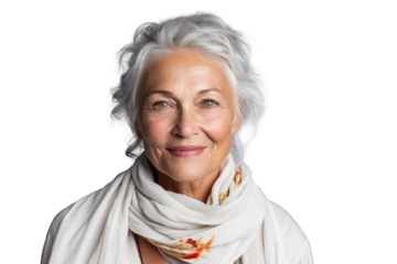 Radiant Senior Woman with Silver Hair and Scarf - Transparent PNG
