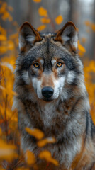 Naklejka na ściany i meble Majestic Grey Wolf Perched Atop a Rock in Autumn Ambiance