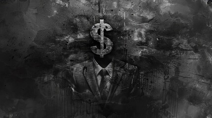 A monochrome artwork featuring a dollar sign integrated into a businessman's silhouette on a grunge textured background.