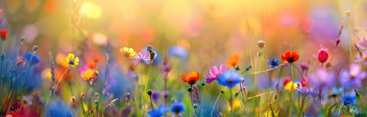Spring blooming, beautiful meadow field full of flowers of different colors in full bloom.