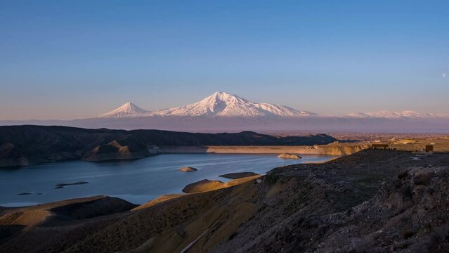 Ararat volcano at dawn, reservoir canyon, timelapse, 4k