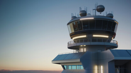 Airport control tower at dusk, Futuristic , Cyberpunk - obrazy, fototapety, plakaty