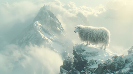 A white sheep stands on the top of snowcapped mountains, overlooking clouds and mist in an ethereal fantasy world - obrazy, fototapety, plakaty