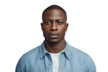 Intense Young African American Man in Denim Shirt and White T-Shirt.  - Transparent PNG
