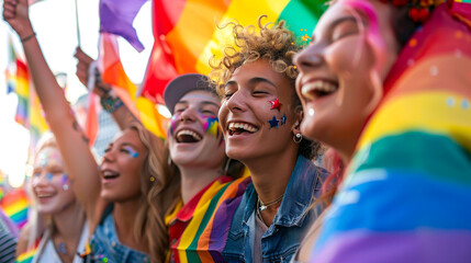 Diverse Friends with Rainbow Flags at Gay Pride Festival
