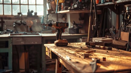 Fototapeta na wymiar Drill on workbench in carpentry workshop.