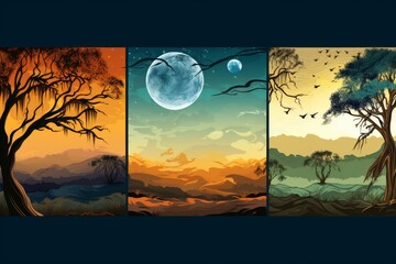 Set of four vertical banners with trees and the full moon at night