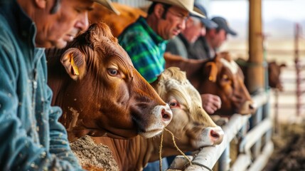 A dynamic shot of men using automated grooming brushes to keep cows comfortable and healthy. - obrazy, fototapety, plakaty