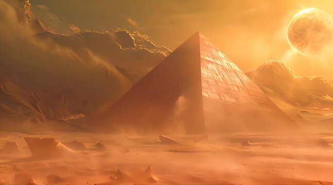 Cosmic Dusk: Majestic Pyramid under a Dramatic Sky