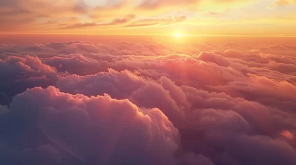 Foto op Aluminium Natural background, Romantic sunset sky. Beautiful sunset sky above clouds with dramatic light. Cabin view from airplane © Nijat