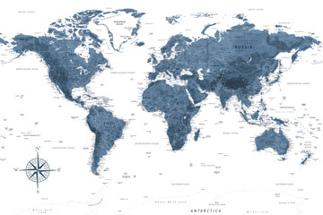 World Map - Highly Detailed Vector Map of the World. Ideally for the Print Posters. Grey Silver Monochrome Colors. Topographic Relief - obrazy, fototapety, plakaty