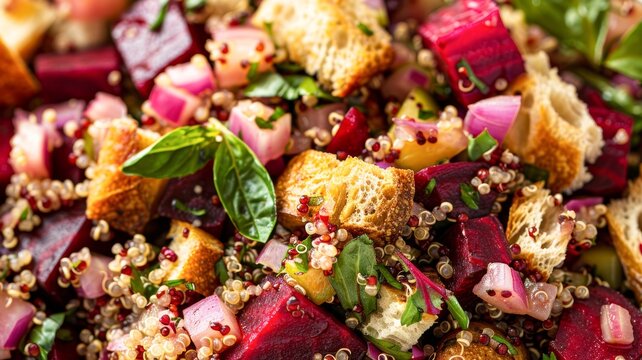 A close-up of the varied textures of beetroot panzanella