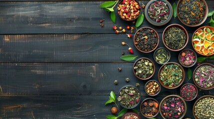A Variety of Tea Leaves on a Black Wooden Table  Top View Traditional Tea Industry Advertisement