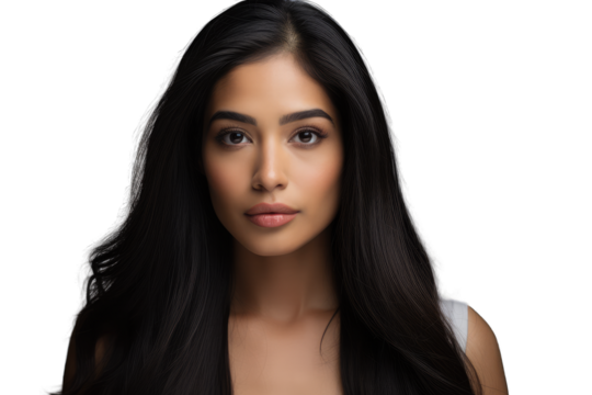 Alluring Young Woman with Sleek Long Black Hair - Transparent PNG