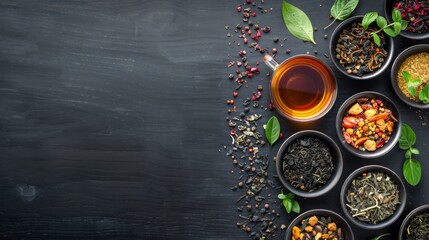A Variety of Tea Leaves on a Black Wooden Table  Top View Traditional Tea Industry Advertisement - obrazy, fototapety, plakaty