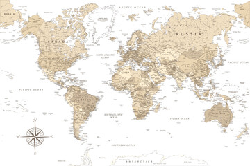 World Map - Highly Detailed Vector Map of the World. Ideally for the Print Posters. Beige Pastel Vintage Colors. Retro Style